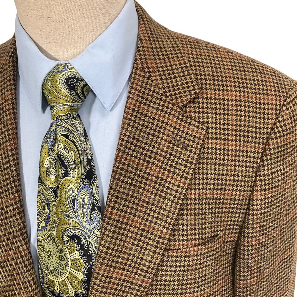 Lauren Ralph Lauren Mens 42L Tan Brown Houndstooth Classic Jacket Lambswool